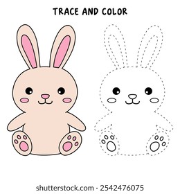 Rabbit coloring pages for kids. Trace and color cute rabbit. Rabbit animal flashcard. Cute rabbit easter isolated on white background. Kindergarten and preschool worksheets printable for kids. 