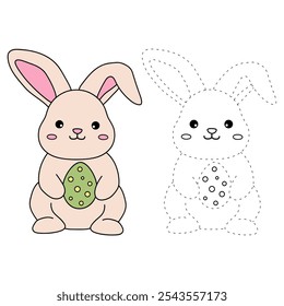 Rabbit coloring pages for kids. Trace and color rabbit. A cute rabbit easter animals vector. Rabbit outline. Coloring book for kids. Kindergarten and preschool worksheets printable for kids. 