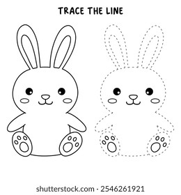 Rabbit coloring pages for kids. Trace and color cute rabbit. Rabbit animal flashcard. Cute rabbit easter isolated on white background. Kindergarten and preschool worksheets printable for kids. 