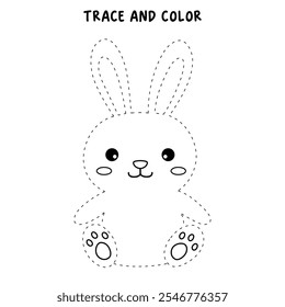 Rabbit coloring pages for kids. Trace and color cute rabbit. Rabbit animal flashcard. Cute rabbit easter isolated on white background. Kindergarten and preschool worksheets printable for kids. 