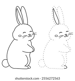 Rabbit coloring pages for kids. Trace and color rabbit. A cute rabbit easter animals vector. Rabbit outline. Coloring book for kids. Kindergarten and preschool worksheets printable for kids. 