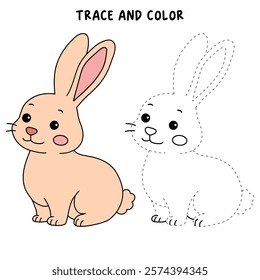 Rabbit coloring pages for kids. Trace and color cute rabbit. Rabbit animal flashcard. Cute rabbit easter isolated on white background. Kindergarten and preschool worksheets printable for kids.