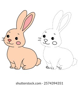 Rabbit coloring pages for kids. Trace and color cute rabbit. Rabbit animal flashcard. Cute rabbit easter isolated on white background. Kindergarten and preschool worksheets printable for kids.