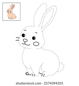 Rabbit coloring pages for kids. Trace and color cute rabbit. Rabbit animal flashcard. Cute rabbit easter isolated on white background. Kindergarten and preschool worksheets printable for kids.