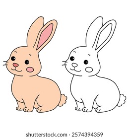 Rabbit coloring pages for kids. Trace and color cute rabbit. Rabbit animal flashcard. Cute rabbit easter isolated on white background. Kindergarten and preschool worksheets printable for kids.