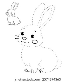 Rabbit coloring pages for kids. Trace and color cute rabbit. Rabbit animal flashcard. Cute rabbit easter isolated on white background. Kindergarten and preschool worksheets printable for kids.