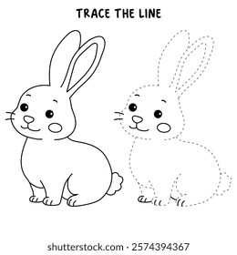 Rabbit coloring pages for kids. Trace and color cute rabbit. Rabbit animal flashcard. Cute rabbit easter isolated on white background. Kindergarten and preschool worksheets printable for kids.