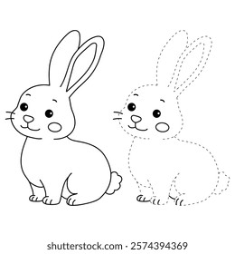 Rabbit coloring pages for kids. Trace and color cute rabbit. Rabbit animal flashcard. Cute rabbit easter isolated on white background. Kindergarten and preschool worksheets printable for kids.