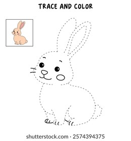 Rabbit coloring pages for kids. Trace and color cute rabbit. Rabbit animal flashcard. Cute rabbit easter isolated on white background. Kindergarten and preschool worksheets printable for kids.