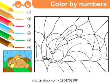 Rabbit. Coloring puzzle with number of color. Printable design coloring book. Education worksheet for kids. Hand drawn vector illustration