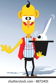 A rabbit is coming out of magician’s hat  	