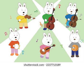 Rabbit concert. Rabbits are singing and playing musical instruments.