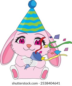Conejo con confeti y sombrero de cumpleaños Vector, mascota del personaje del conejo