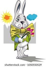 Rabbit congratulates with flowers