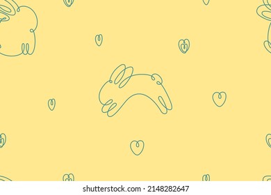 Rabbit continuous line seamless pattern. Hand drawn cute bunny.  Vector illustration. 
