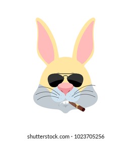 Rabbit Cool serious avatar of emotions. Hare smoking cigar emoji. Animal strict. Vector illustration