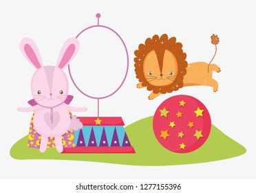 rabbit costume and lion in the ball with hoop