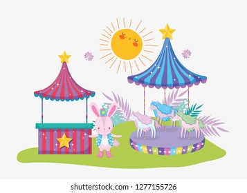 rabbit costume with store and electric carrusel horses