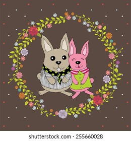 Rabbit Couple on Easter Day Doodle Vector with Wreath Flower