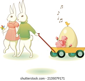 Rabbit couple taking a walk with easter eggs