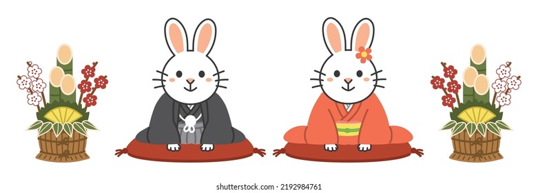  Rabbit couple wearing kimono bow deeply in 2023