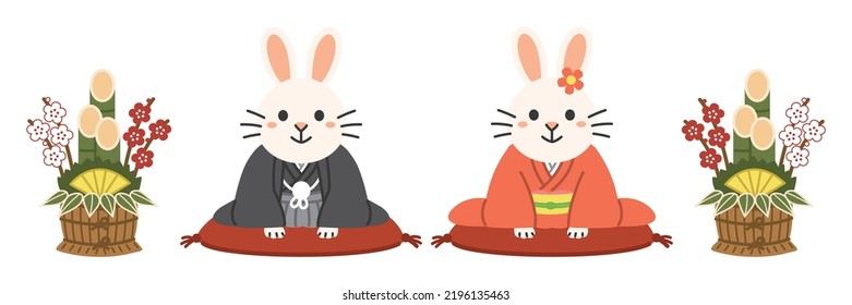 Rabbit couple wearing kimono bow deeply in 2023