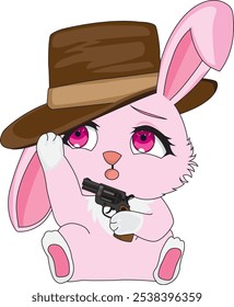 Conejo con sombrero de vaquero y Vector de pistola, mascota del personaje del conejo