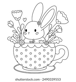 Rabbit in cup with flowers. Cute cartoon bunny. Coloring page for kids. Vector illustration