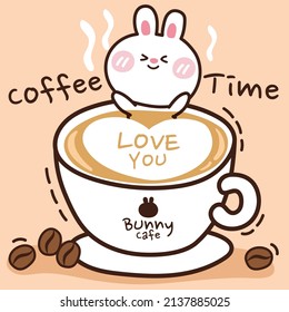 Rabbit in a cup of hot coffee. Bunny cafe logo. Milk froth on cappuccino background. Relax feeling. Cartoon hand drawn. Animal doodle design. Can be use for poster, card, menu. Vector. Illustration.