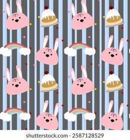 Rabbit, Cupcake, Rainbow, On gray Background, Blue lines, Fabric Pattern, Gift Wrapping Paper, seamless pattern 