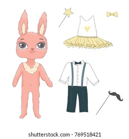 Rabbit. Cute animal vector. Clothes and accessories. 