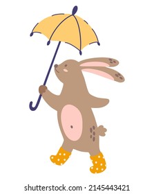 Rabbit. Cute bunny with an umbrella and rubber boots. Perfect for printing children's postcards, prints and posters. Vector cartoon illustration