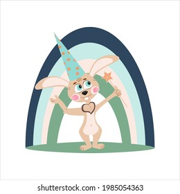 Rabbit. A cute cartoon rabbit walking forward on a rainbow.
