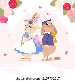 Rabbit Cute Couple In Love. Vector flat style animal illustration. Happy Valentines Day