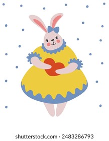 A rabbit in a cute dress holds a heart. Care, support and love. Kind illustration for the holiday. Isolated objects on a white background.