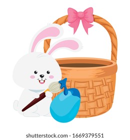 rabbit and cute egg easter decorated with basket wicker vector illustration designicon