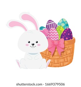 rabbit and cute eggs easter decorated with basket wicker vector illustration designicon