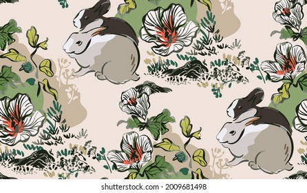 rabbit cute flower vector japanese chinese nature ink illustration engraved sketch traditional textured seamless pattern colorful