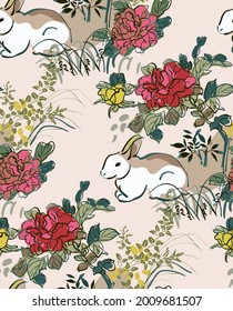 rabbit cute flower vector japanese chinese nature ink illustration engraved sketch traditional textured seamless pattern colorful