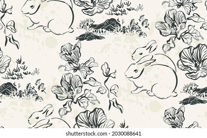 rabbit cute flower vector japanese chinese nature ink illustration engraved sketch traditional textured seamless