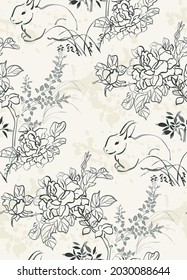 rabbit cute flower vector japanese chinese nature ink illustration engraved sketch traditional textured seamless