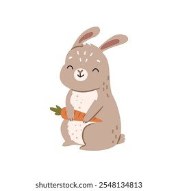 Rabbit cute forest animal with carrot. Vector illustration of hare or funny bunny, fauna character personage for kids or children. Wild comic mammal