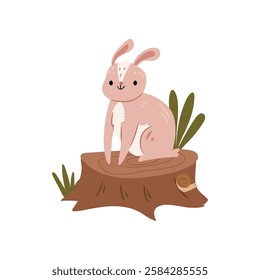 Rabbit cute forest animal sitting on trunk isolated cartoon character on white. Vector illustration of hare or funny bunny, fauna personage for kids or children. Wild comic mammal