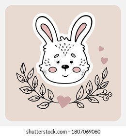 Rabbit. Cute funny hand drawn animal with hearts, leaves and branches. Cartoon doodle sketch style. Vector illustration for card, banner, poster, baby cloth, sticker, interior elements for nursery.