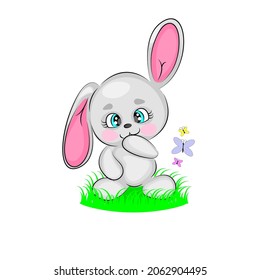 Rabbit cute illustration for textile wallpaper decoration product packaging style cartoon happy bunny with blue eyes with long ears on green grass with butterflies on white background Vector 