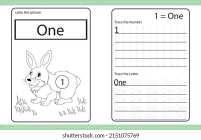 Rabbit cute Number colouring and number tracing activity book. number one. kids worksheet. colouring book illustration