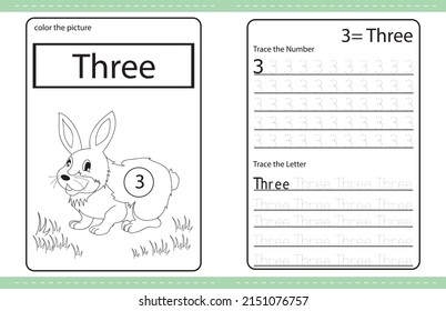 Rabbit cute Number colouring and number tracing activity book. number. kids worksheet. colouring book illustration