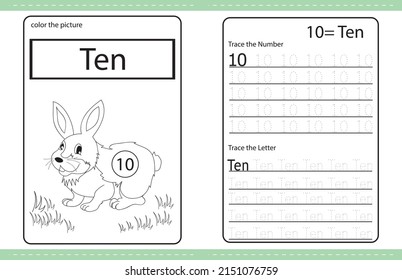 Rabbit cute Number colouring and number tracing activity book. number. kids worksheet. colouring book illustration