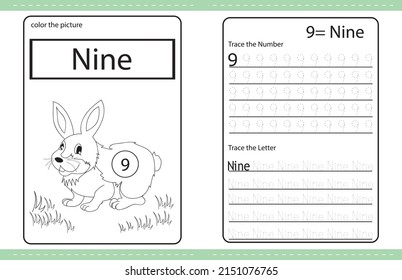 Rabbit cute Number colouring and number tracing activity book. number. kids worksheet. colouring book illustration