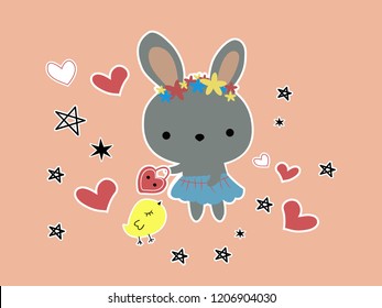 rabbit cute with star, vector cartoon illustation.